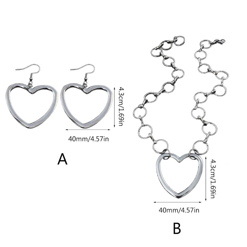 Sweet Cool Metal Hollow Big Heart Pendant Necklace Earrings Simple Drop Earrings