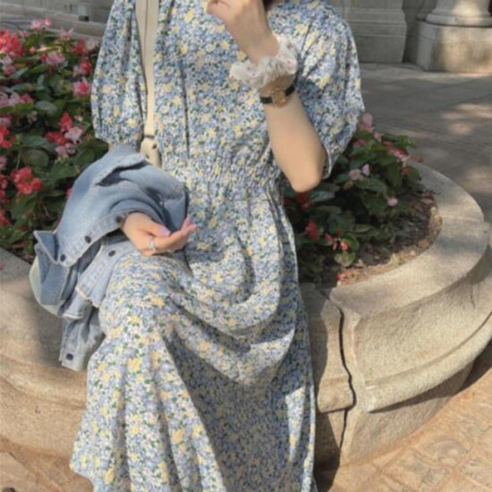 New ArrivAlS Open Run Women S Flower PAttern Chiffon Blue A Line Long dreSS