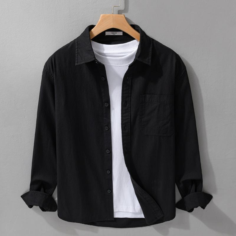 Spring and Autumn Casual Shirts for Man Retro Style Long Sleeve Top Daily Pure Cotton Turn Down Collar Solid Color Shirt with Pocket