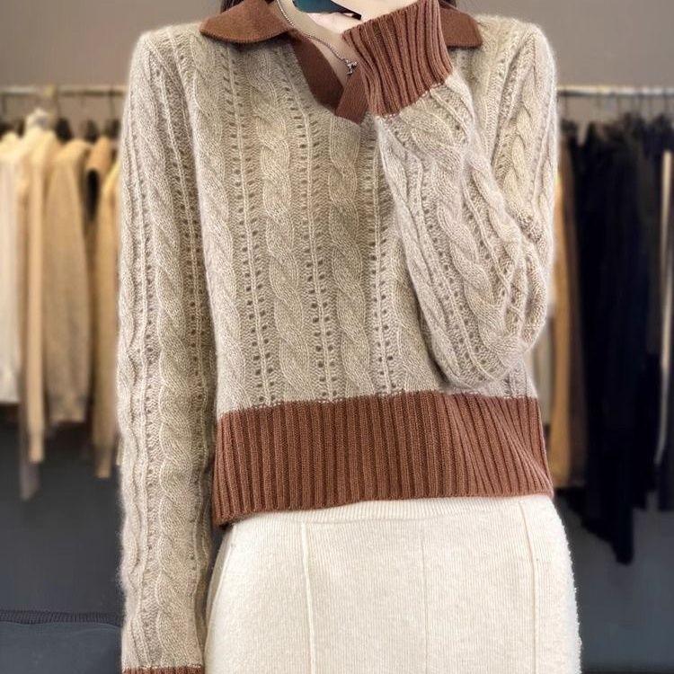 

Женский осенне-зимний ретро свитер с отложным воротником, с кабельным узором, ленивый, свободный базовый слой, вязаный топ короткого стиля 2XL темно-коричневого