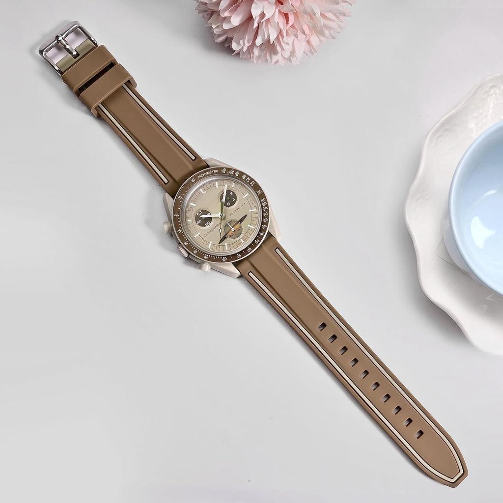 Jumpsunfun 20mm Watch Band for Swatch x OMEGA Speedmaster Silicone Watch Strap with Quick Release Replacement Brown and Light Brown Lines MoonSwatch,