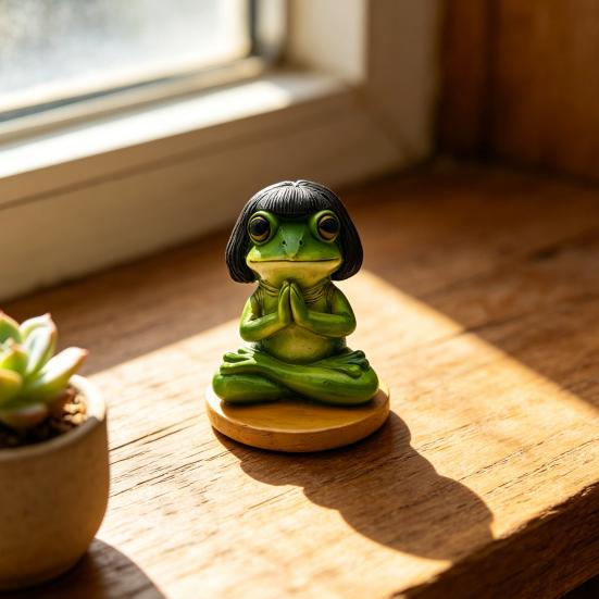 Meditation Frog Figurine, Bob Haircut Resin Frog Statue, Sitting Animal Sculpture Decoration for Yoga Room, Home, Office