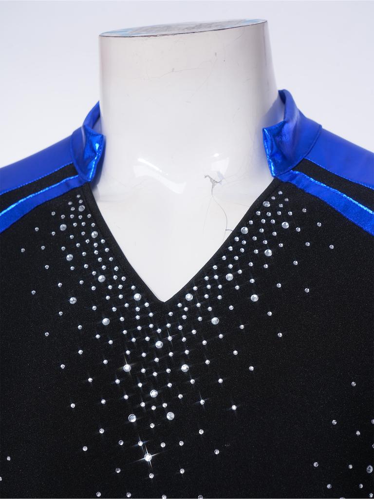 Sparkly Metallic Patchwork V Neck Bodysuit for Men Mesh Long Sleeve Rhinestone Leotard for Latin Ballet Figure Skating Gymnastics Training