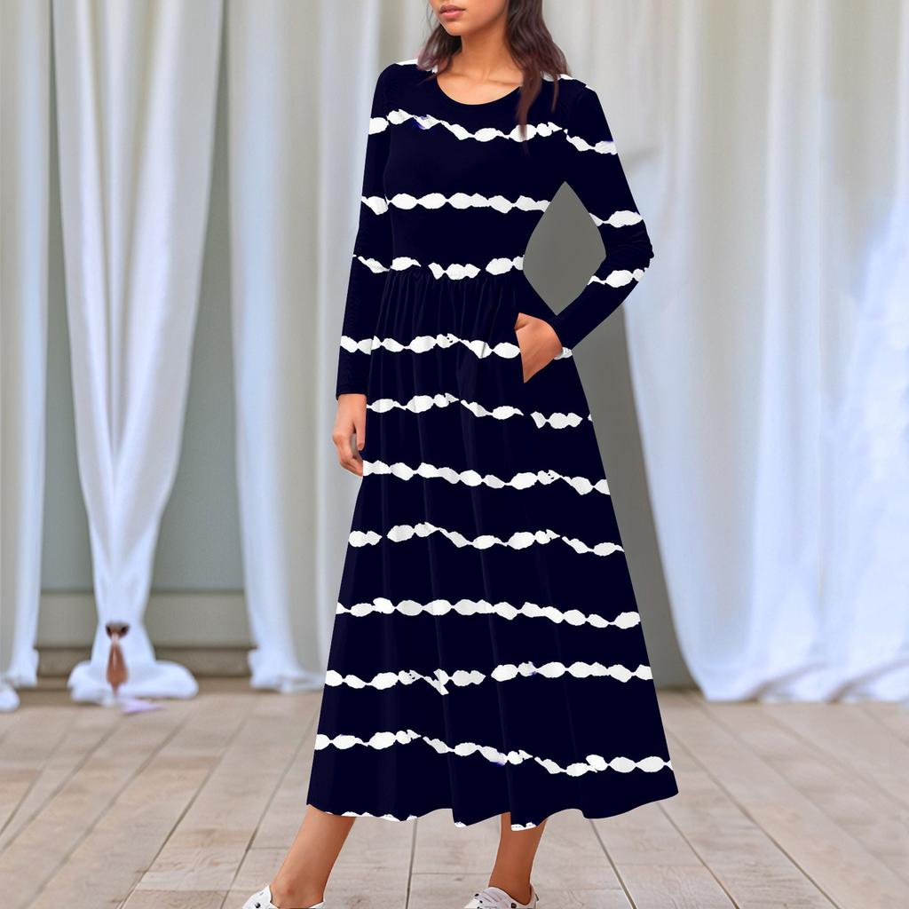 Dámské květinové šaty midi boho s přechodovým potiskem ležérní šaty s dlouhým rukávem splývavé, splývavé šaty s svátečními šaty do kapsy pro ženy