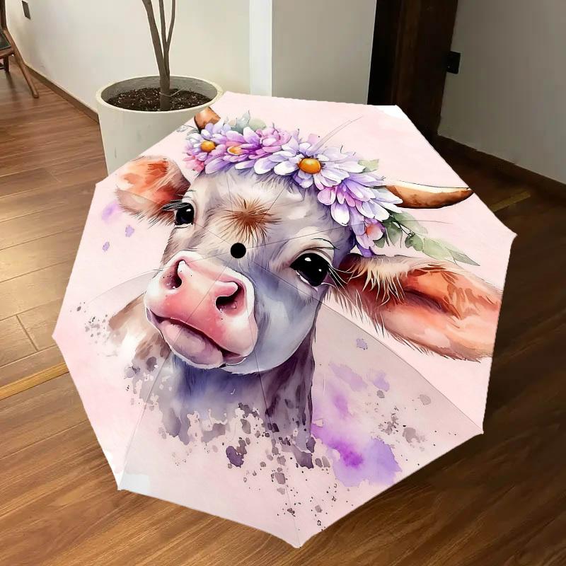 1pc Cow Flower Crown Automatic Open/Close Umbrella Compact Folding Umbrella with 8-Rib Shaft for Women/Men, Elegant Birthday1323S