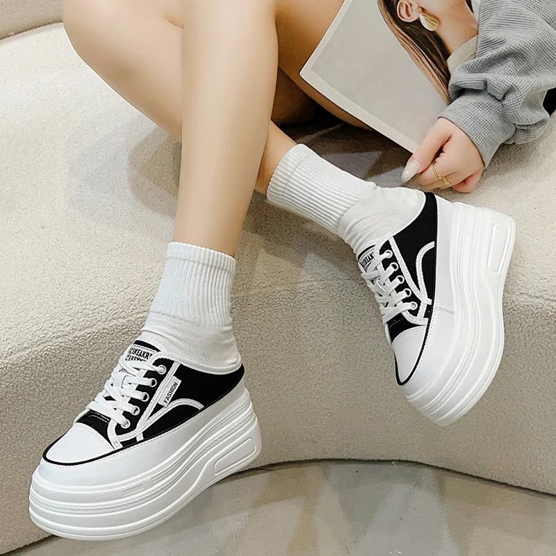 Fashion 2025 New Denim Platform Ladies Slippers Lace Up Chunky Sneaker Casual Comfy Breathable Autumn Bao Toe Shoes Zapatillas De Mujer