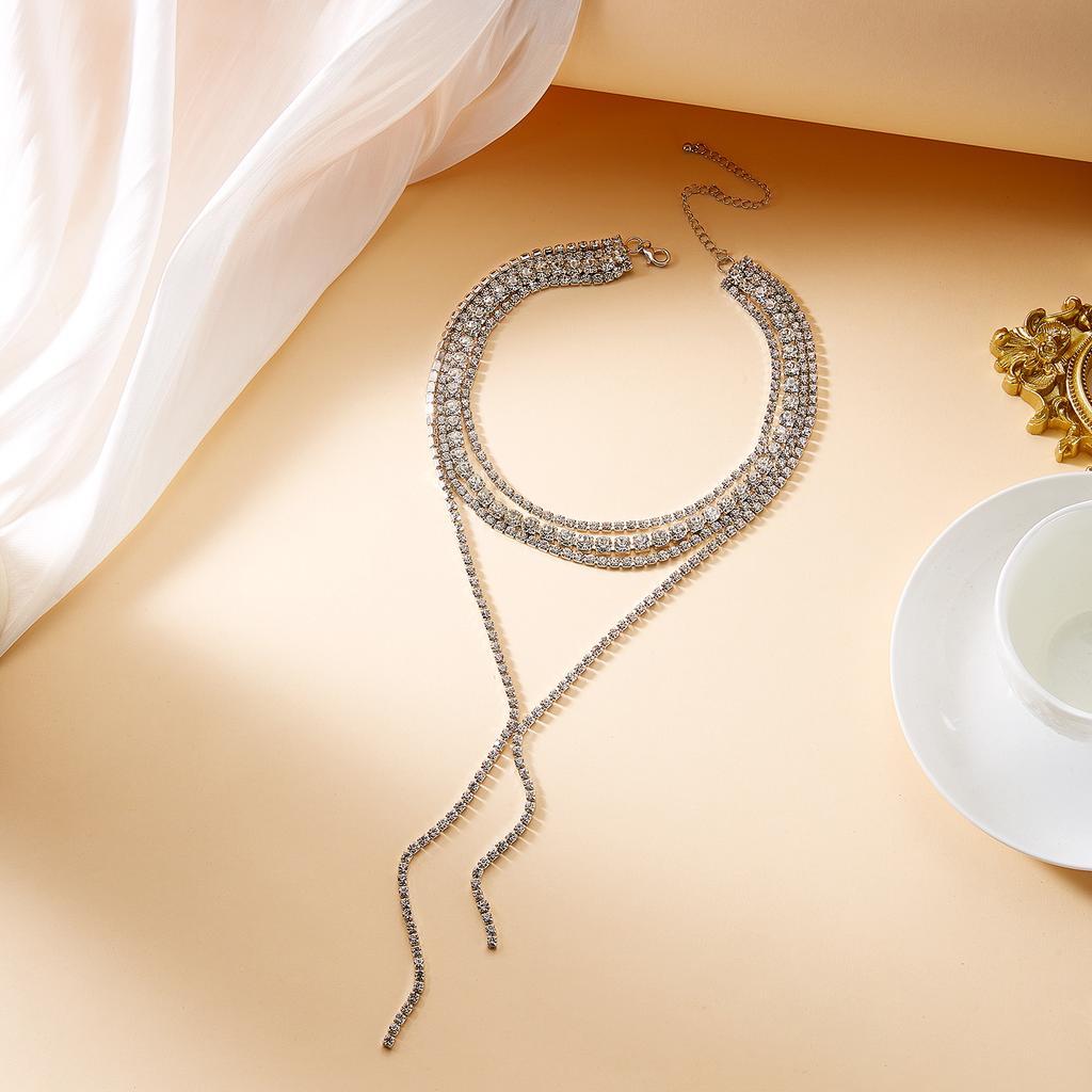 Fashion Multi-layer Long Tassel Chain Necklace For Women Luxury Rhinestone Y-shaped Choker Wedding Party Night Club Jewelry Gift
