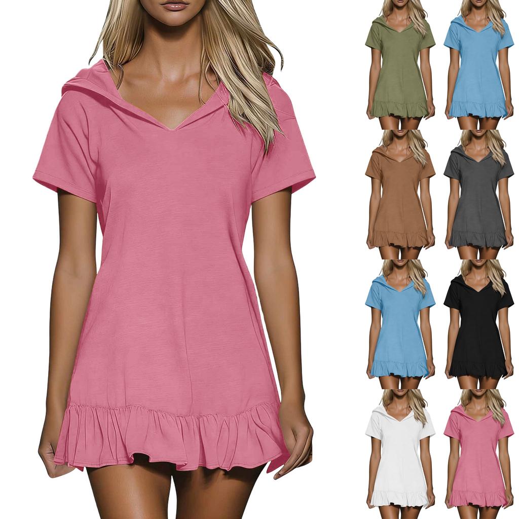Women's Short-sleeved Casual Dress With Fashionable Hood And Sexy Short Skirt