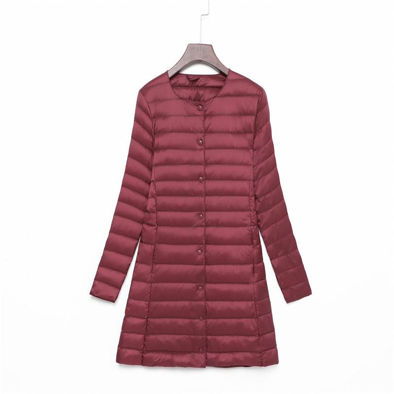 New down jacket women's light, medium and long fashion and thin dark button round neck warm jacket