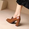 Autumn New Patent Leather Chunky Heel Woman Shoe Round Toe Thick Sole Designer Black Brown Pumps Slip-on Lace Up Career Heels