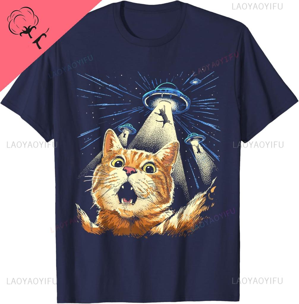 Alien Cat Shirt Funny Invasion Cat Selfie Ufo Abduction Tshirt Couple Kawayi Breathable And Comfortable Cotton Printed Tshirt