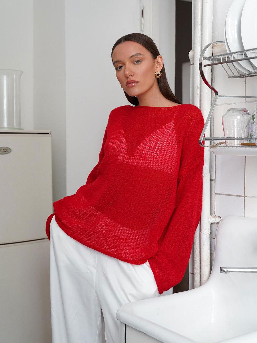

2025 Spring/Summer Sheer Knit Sweater: Women s Sexy Round Neck with Bell Sleeves Medium червоний