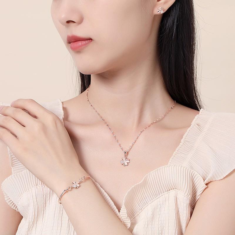 Elegant Rhinestone Clover Jewelry Set Women Sterling Bracelet Necklace Earring Gift