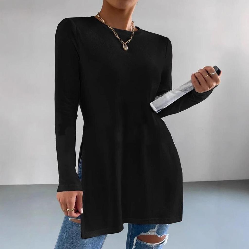 2024 Trendiges lässiges T-Shirt mit Rundhalsausschnitt und langen Ärmeln mit Seitenschlitzen - Unifarben für Herbst/Winter