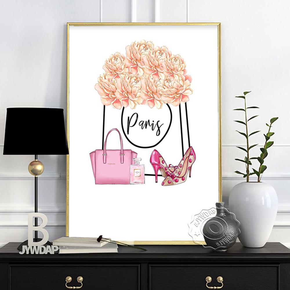 Fashion Illustration Watercolor Floral Prints Art Poster, Flowers Paris Perfume Canvas Painting, Minimalist Wall Decor Girl Gift No Frame