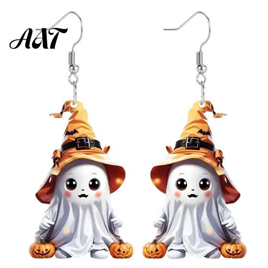 Holiday Themed Jewelry 1 Pair Halloween Cute Ghost Earrings, Acrylic Dangle Earrings with Witch Childlike Accessories Hat Pumpkin Bat, Anti-Rust Metal