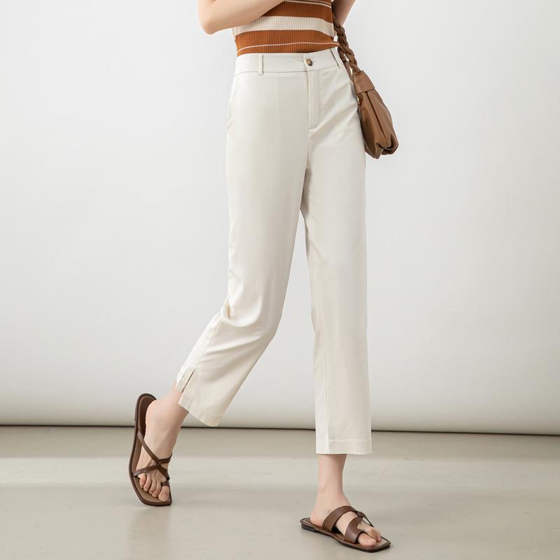 2025 Spring/Summer Women's High Waist Mugwort Tencel Cigarette Pants – Loose, Nine-Point Slit Casual Wear