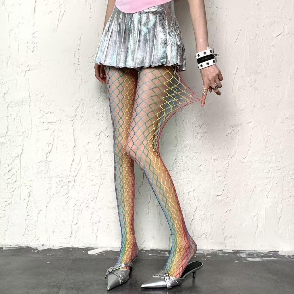 Sexy fashion RAINBOW grid women high waist stocking fishnet club tights panty knitting net pantyhose trouser mesh lingerie