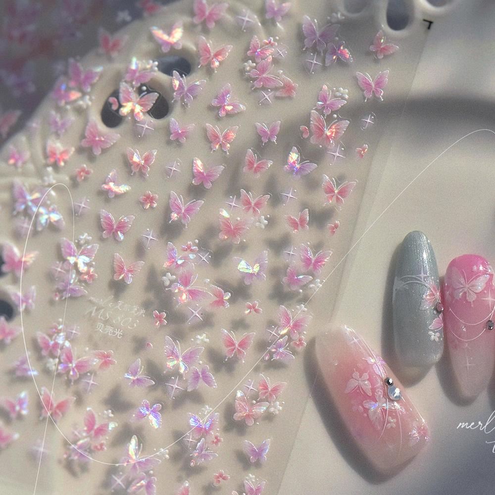 Gradient White Pink Butterfly Flower Shiny Stars Chic Spring Petal 5D Soft Adhesive Nail Art Stickers Decorations Manicure Decal