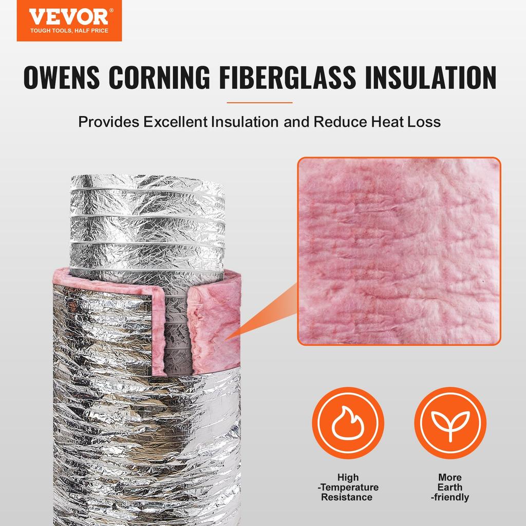 VEVOR Dryer Vent Hose, 203.2MM Insulated Flexible Duct 7.62M Long with 2 Duct Clamps