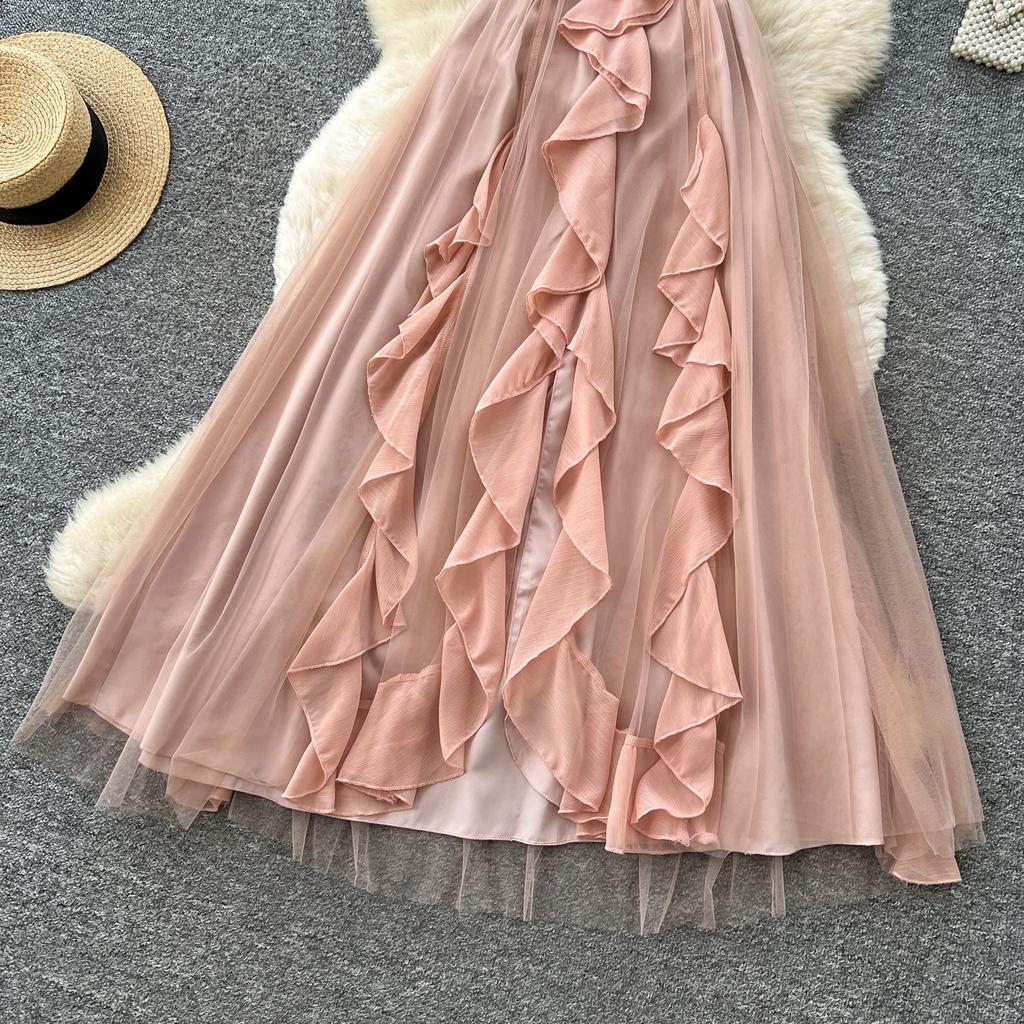 French Holiday Style Neck Mesh Dress Women's Summer Romantic Style Sleeveless Ruffle Edge Thin Temperament Long Dress
