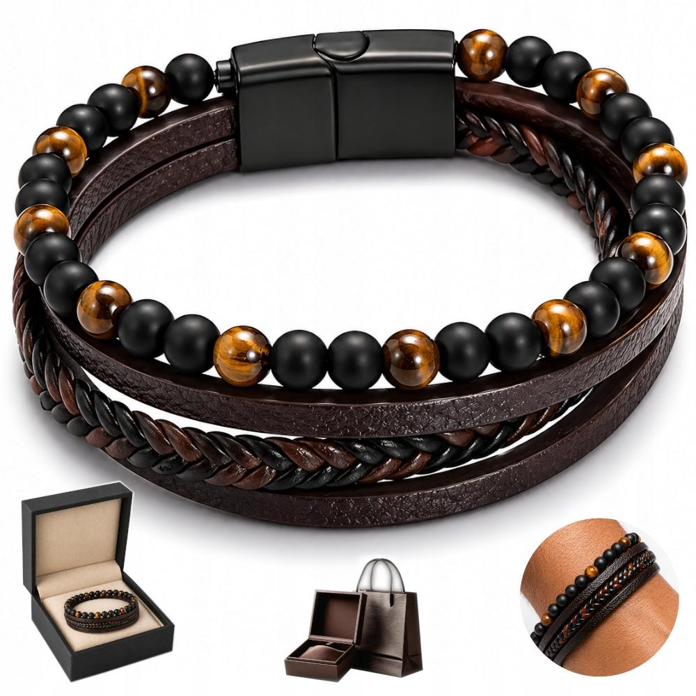 Men' Leather Bracelet with Beads, Bead Bracelet, Brown Titanium