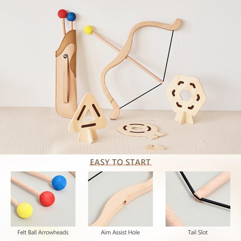 Eco-Friendly Wooden Archery Toy Set - Safe Bow and Soft Felt Arrows for Kids, Montessori Sport Training Game, Outdoor Birthday Gift for Boys & Girls