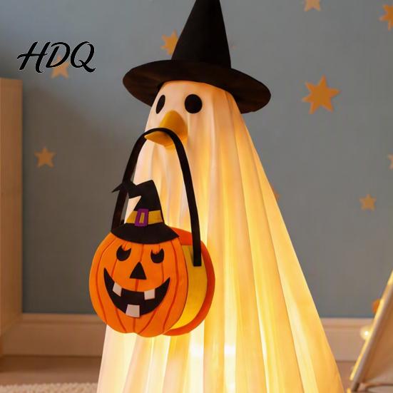 Spooky Holiday Atmosphere Apparel Halloween Glowing Ghost Costume with Witch Hat & Pumpkin Tote Bag LED Party Dress Light Up Fabric Outfit for Kids,