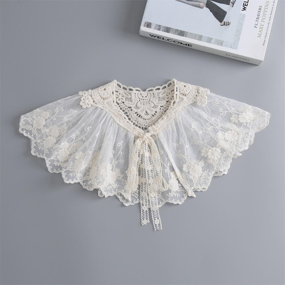 Elegant Embroidery False Collar Detachable Floral Lace Chiffon Pleated Collar Bowknot Lace-Up Scarf Women бежевый