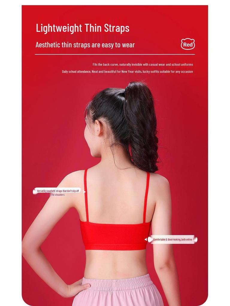 Girls' Red Zodiac Year Underwear: Anti-Bumpy, Wire-Free, Pure Cotton Bra with Chest Pads for Older Girls