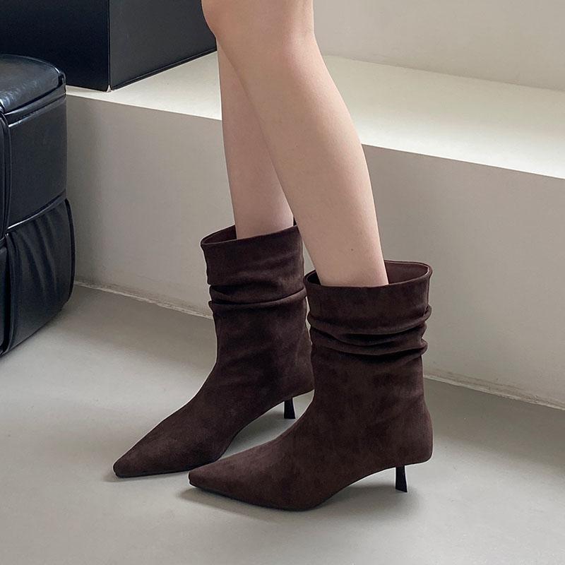 Fashion Fashion Heels Footwear Women Ankle Modern Boots Slip On Shoes Female Pointed Toe Pleated Ladies Short Boots Shoes Pumps
