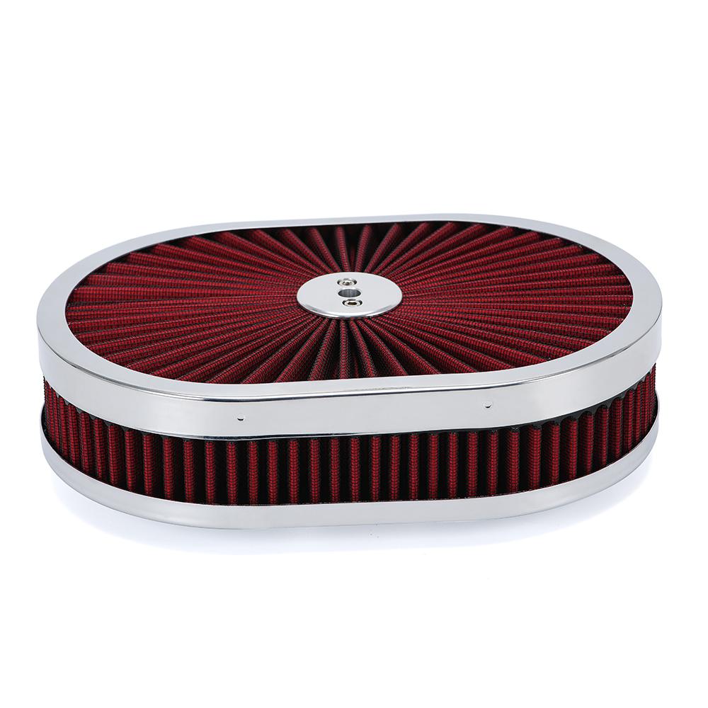 12"x2" Oval Air Cleaner Filter Assembly 5-1/8" Carb Neck W/ Flow-Thru Lid High Flow Chrome for GMC Chevy Ford Chryler Dodge Red