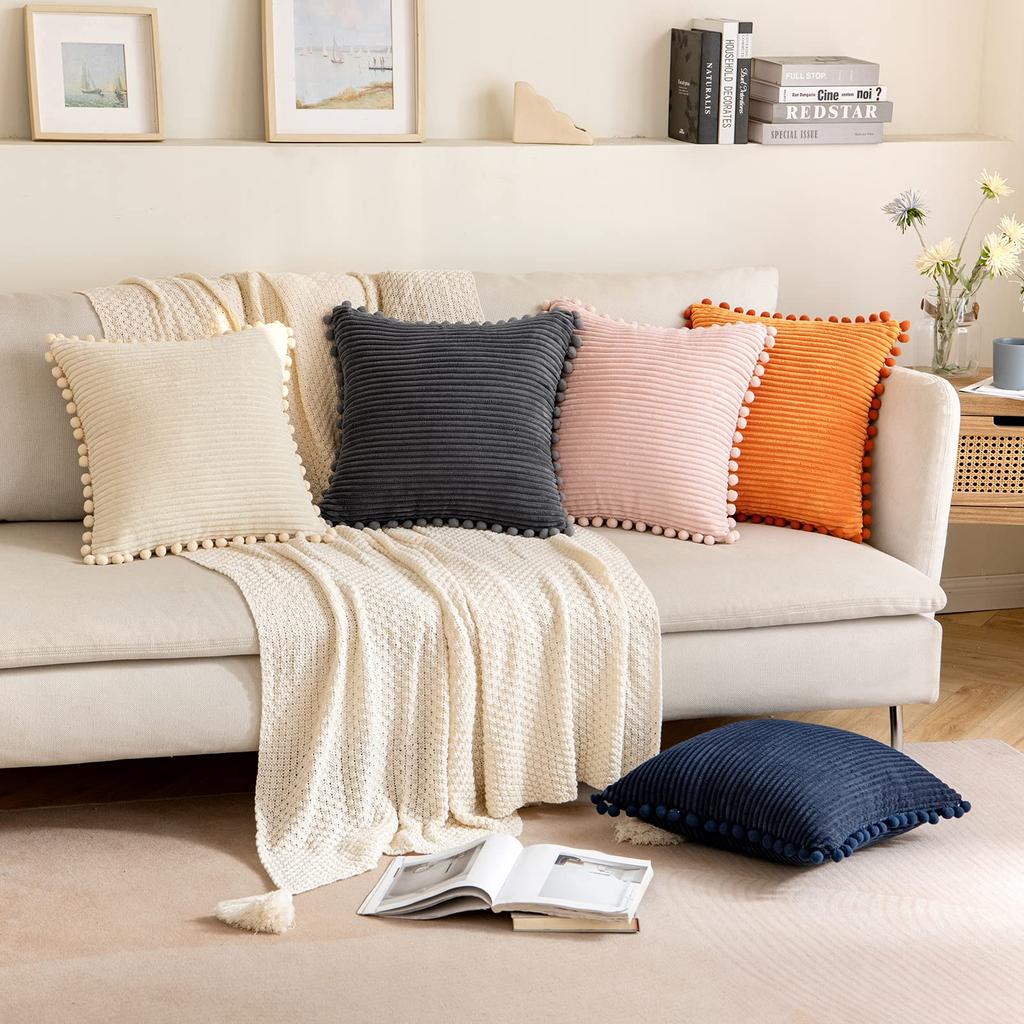 1pc Boho Decorative Pillow Covers with Pom-poms  Pillow Covers Corduroy Cushion Case Cute and Soft Square Throw Pillows