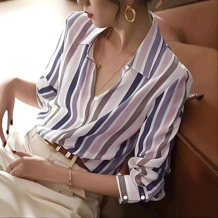 Ladies Casual Long Sleeve Lapel Contrasting Color Striped Printed Blouse Shirt Top