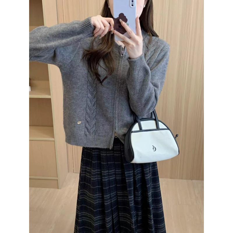 

Простой дизайн, куртка-свитер на двойной молнии с перекрутом, женская, новая, осенне-зимняя, универсальный толстый вязаный кардиган для женщин average size серый