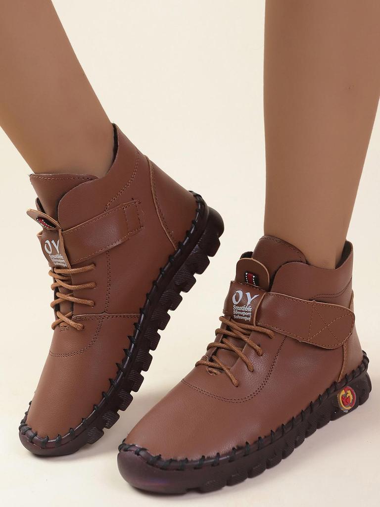 2024 Autumn/Winter Plus Size Women’s Leather Ankle Boots, Round Toe Flat Heel Velcro Style