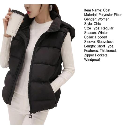 Women Winter Cotton Coat Hooded Neck Protection Thickened Padded Detachable Hood Short Type Windproof Zipper Pocket Zip-up Waistcoat