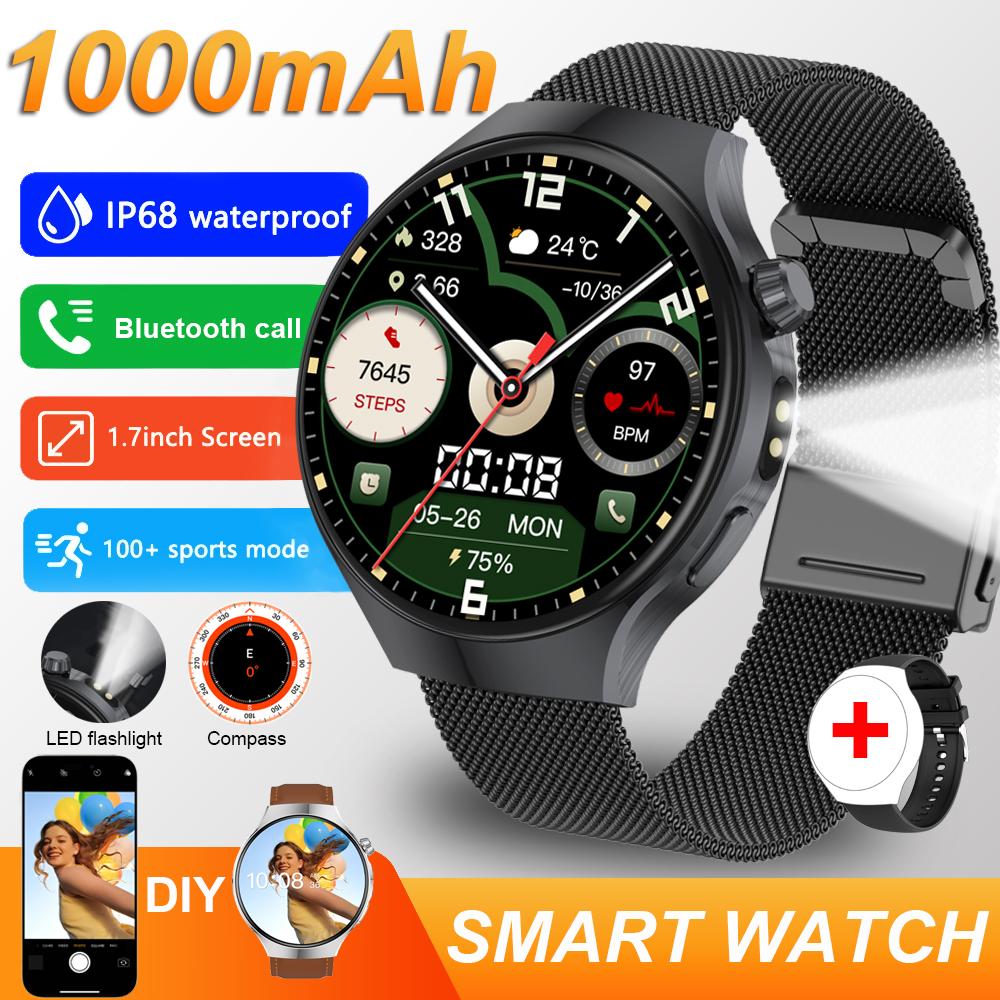 New 1000mAh battery Smart Watch 1.70" HD  Screen Flashlight GPS track Heart Rate BT Call Compass Smartwatch for Men
