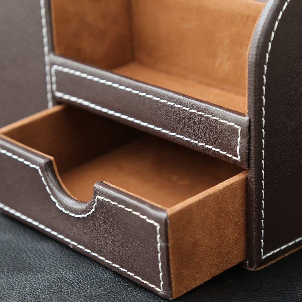 KINGFOM PU Leather Desk Stationery Organizer with Storage Remote Control and Small Drawer Box, Pen/Pencil Stand, Holder, (Brown)