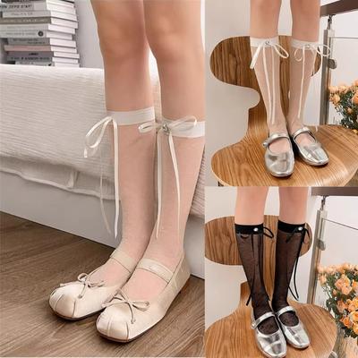 Fashion Elegant Sheer Mesh Silk Over Calf Socks for Women Rhinestones Bowknot Rose Patterned See Through Long Stockings