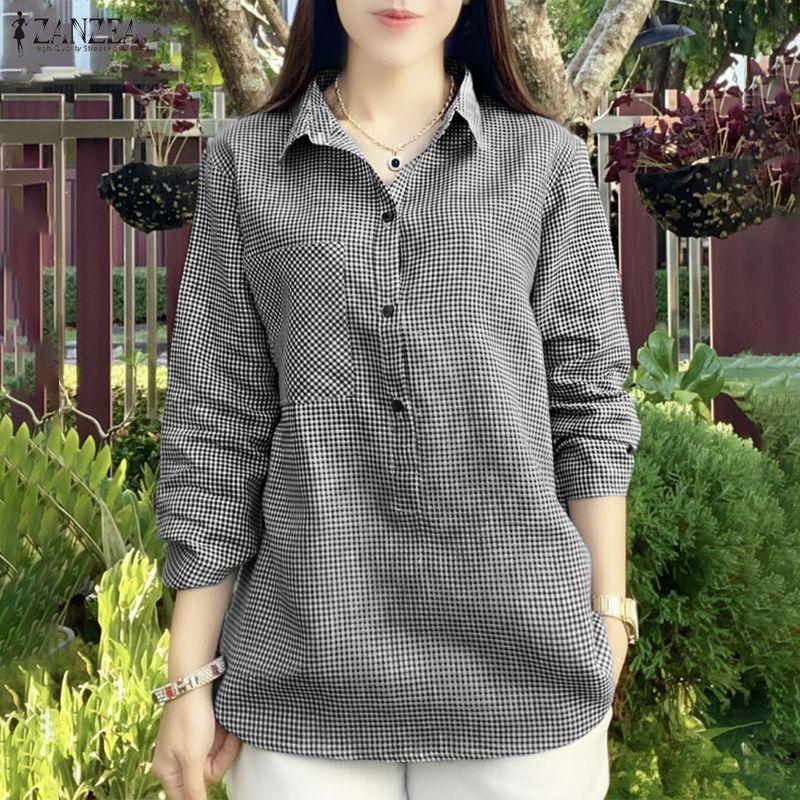

ZANZEA Women Casual Turn Down Collar 3/4 Sleeve Loose Grid Print Blouse 3XL чорний