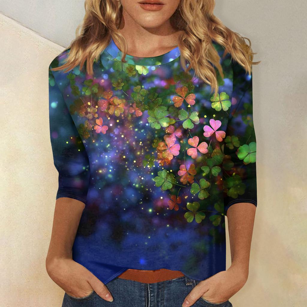 Damenoberteile Dreiviertelarmshirt Rundhalsausschnitt Lockeres Freizeitshirt Druck T-Shirt