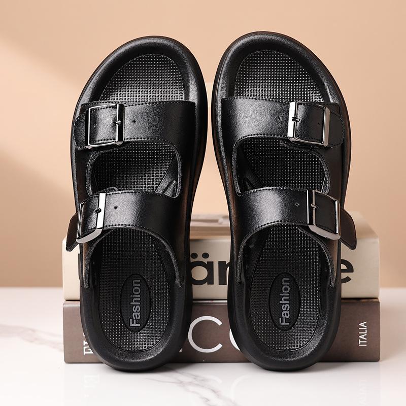 Fashion Double Buckle Designer Leather Slippers for Men Summer Solid Color Sports Beach Shoes Male Hallow Soft Sole Fashion Slippers
