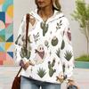 Women Plus Size Cute Cow Cactus Printed White Long Sleeve Drawstring Hoodie Kangaroo Pocket Pullover