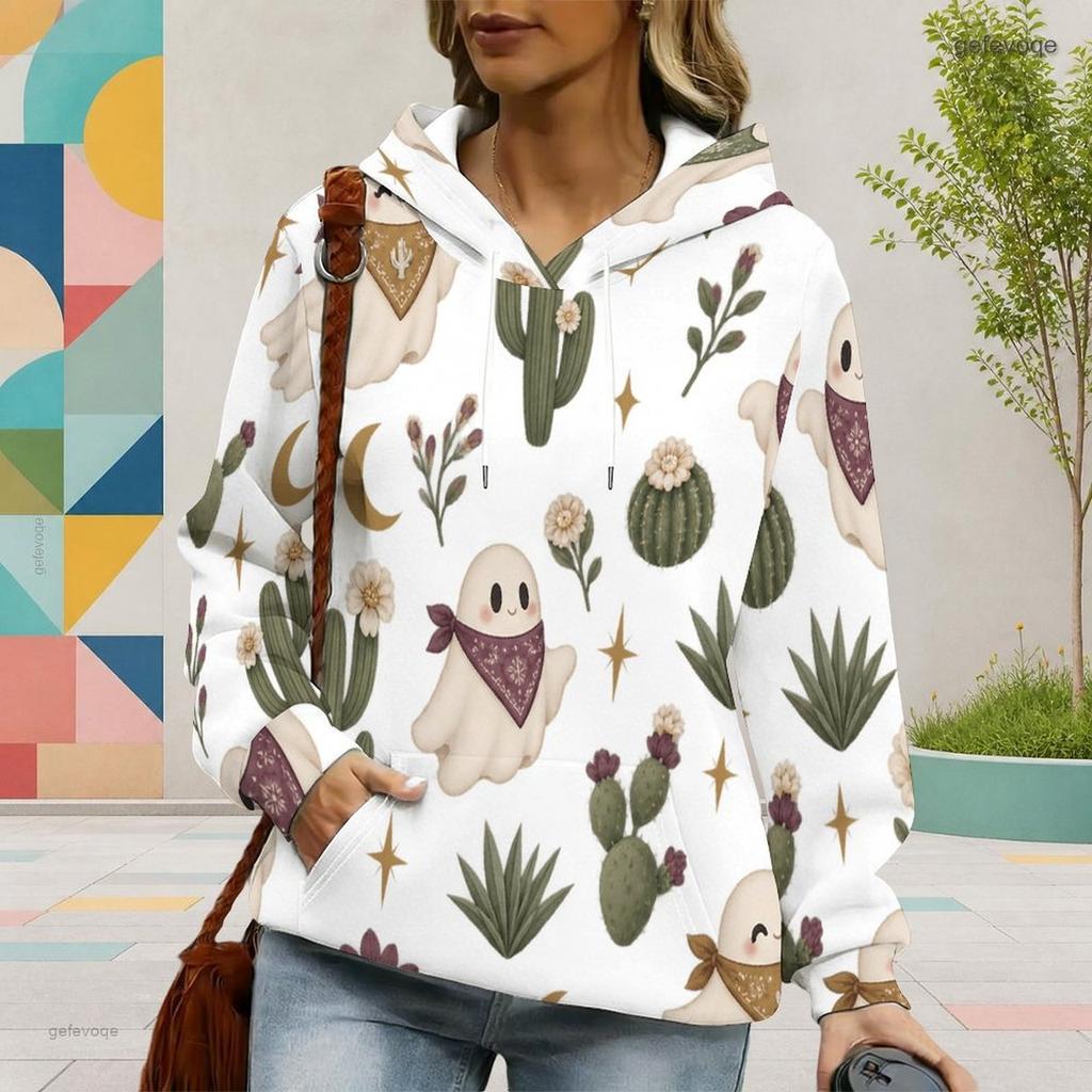 Women Plus Size Cute Cow Cactus Printed White Long Sleeve Drawstring Hoodie Kangaroo Pocket Pullover