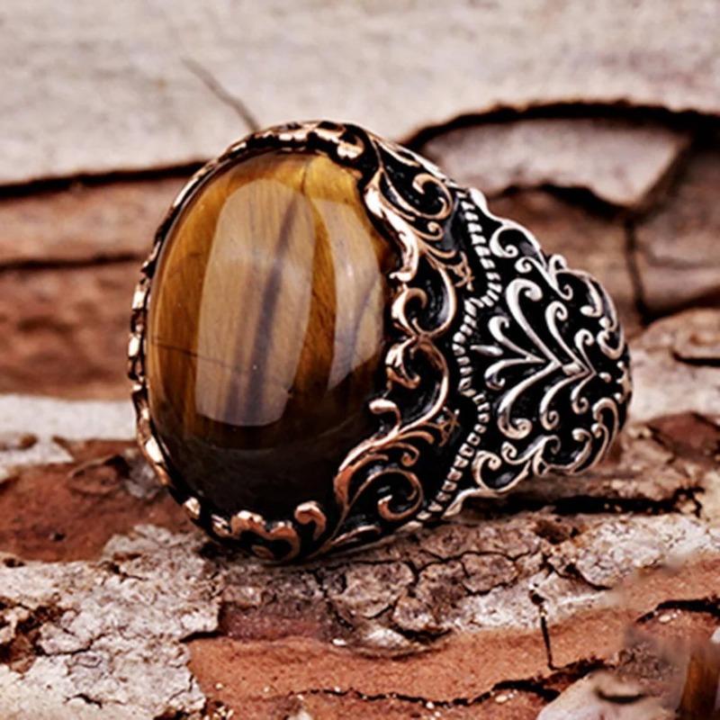 Nuovo Anello da Uomo Marrone Retro Pietra Tigre Anello Personalità Moda Temperamento per Partecipare al Banchetto Zircone Lussuoso di Alta Qualità