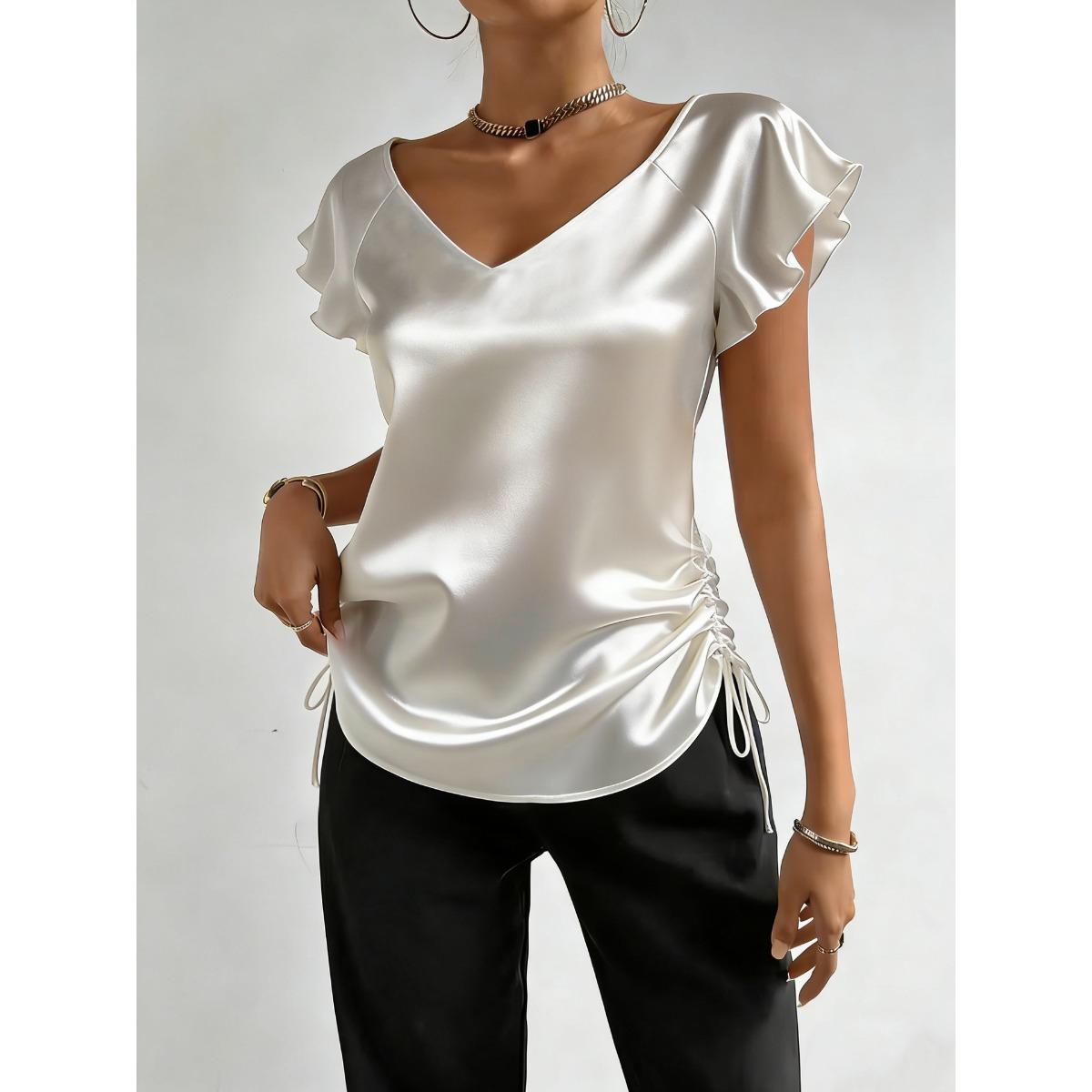 New French Style Satin V-neck Ruffled Drawstring Top for Women, European American Fashion Blouse S
