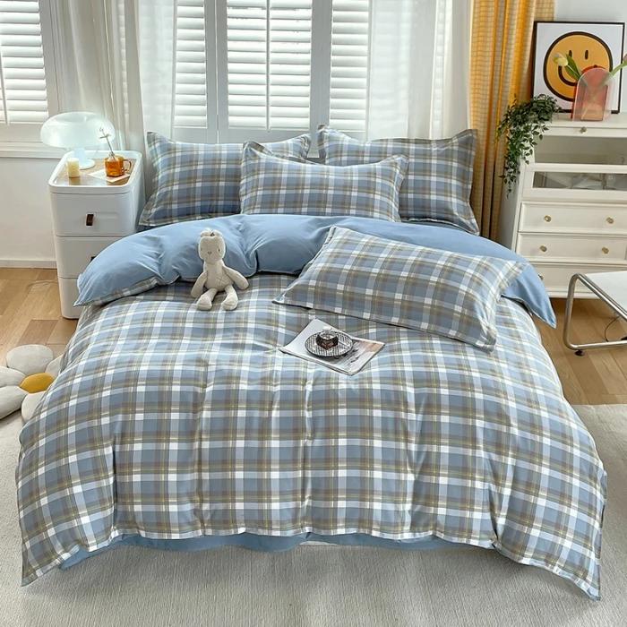 Plant Thickened Three Four Piece Bed Sheet Set Blue And White Large Grid