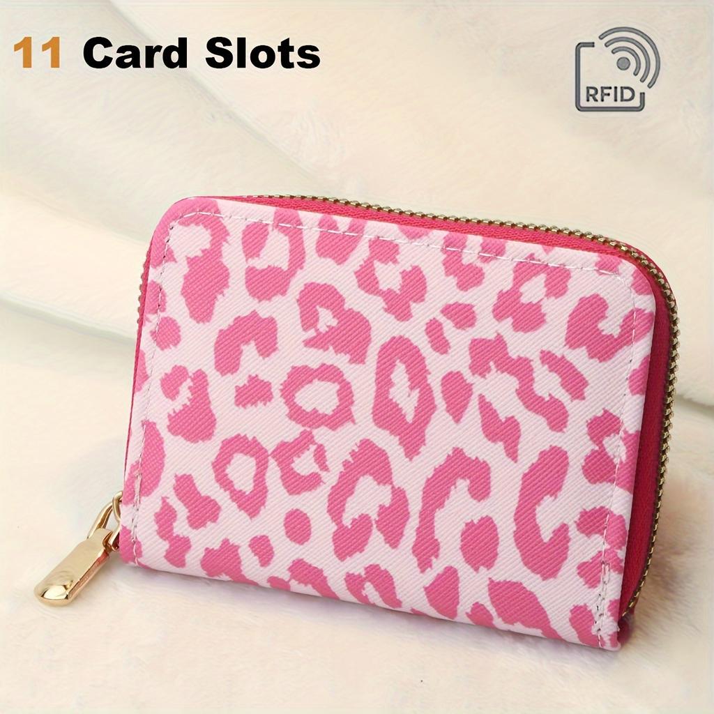 Fashionable Leopard Print Mini Wallet With RFID Blocking, PU Material Purse With Zipper Closure And 11 Card Slots(4.3''x 3.1'')