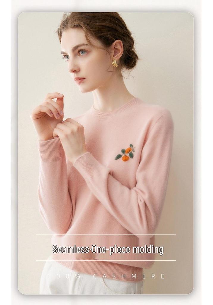 Women's 100% Pure Cashmere Embroidered Round Neck Sweater - Loose Fit Knitwear for Autumn & Winter